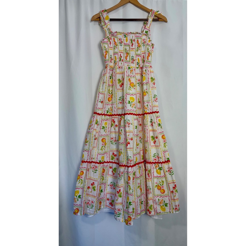Rachel Zoe Fruit Floral Print Smocked Tiered Maxi Dress Size 4 Rickrack Cottage